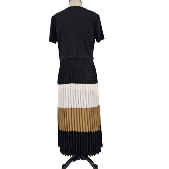 NWT $158. KARL LAGERFELD PARIS pleated skirt dress Blk/Tan/Cream Sz L - Picture 2 of 8